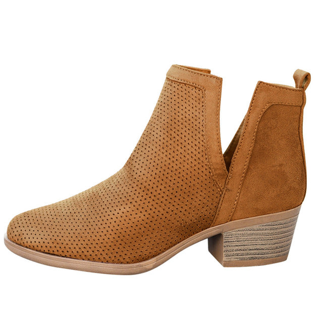 Shonlo | Slip-On Hollow Out Med Heels Short Boots 