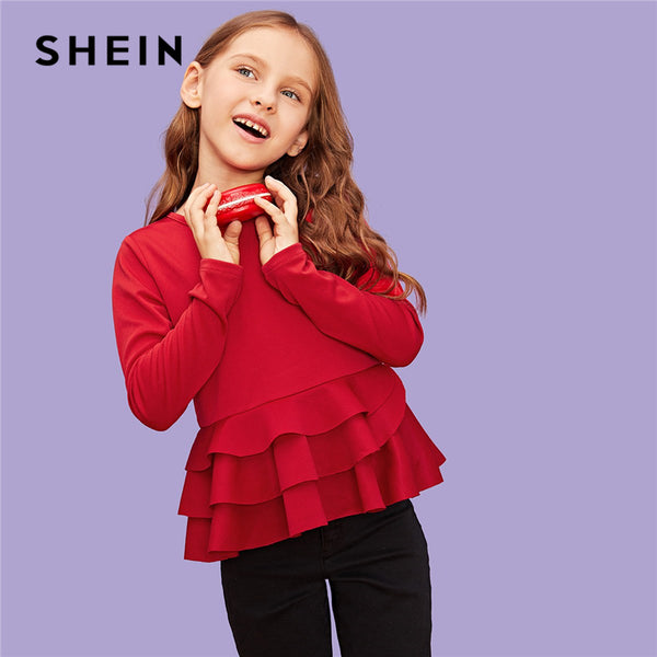Shonlo | SHEIN Red Solid Layered Ruffle Blouses 