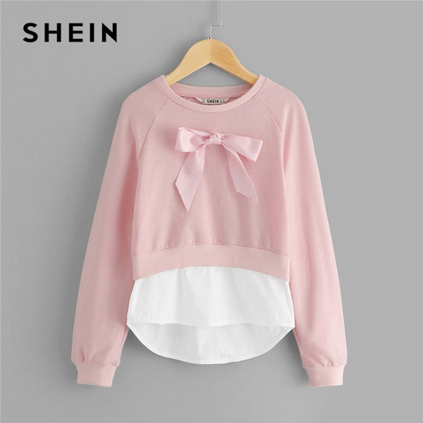 Shonlo | SHEIN Girls Pink Bow Front Casual Sweatshirts 