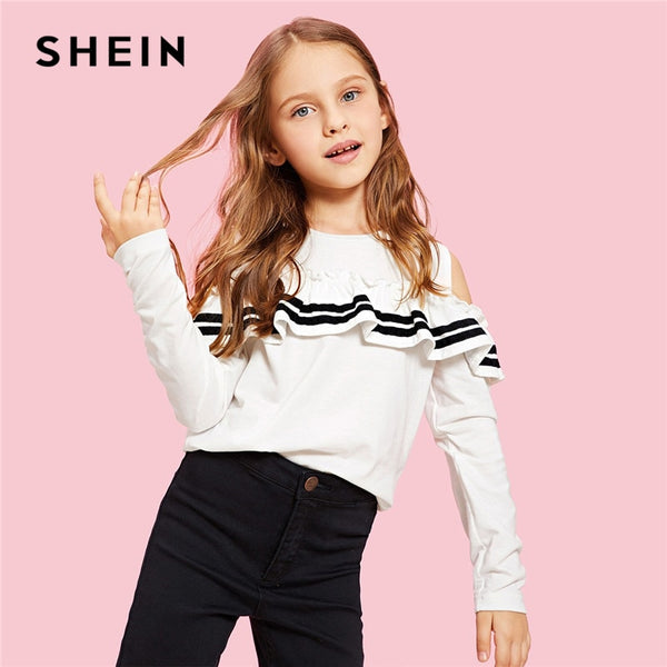 Shonlo | SHEIN  White Cold Shoulder Ruffle T Shirt 