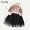 Shonlo | SHEIN Toddler Girls Letter Print Frill And Contrast Mesh Detail Dress 