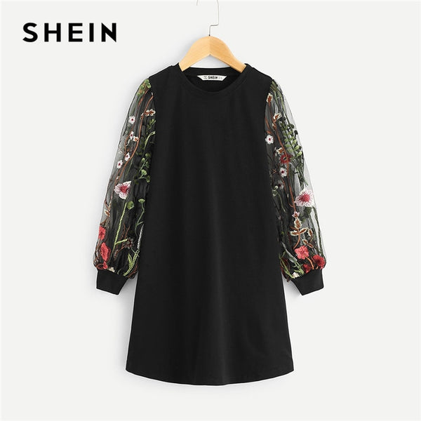 Shonlo | SHEIN Black Girls Mesh Long Embroidered Sleeve Tunic Casual Dress 