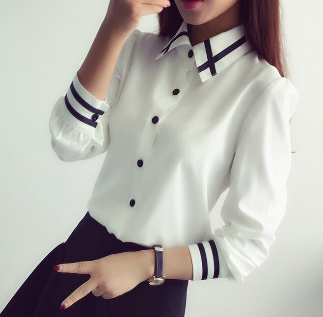 Shonlo | Long Sleeve Collar White Blouse Shirts 
