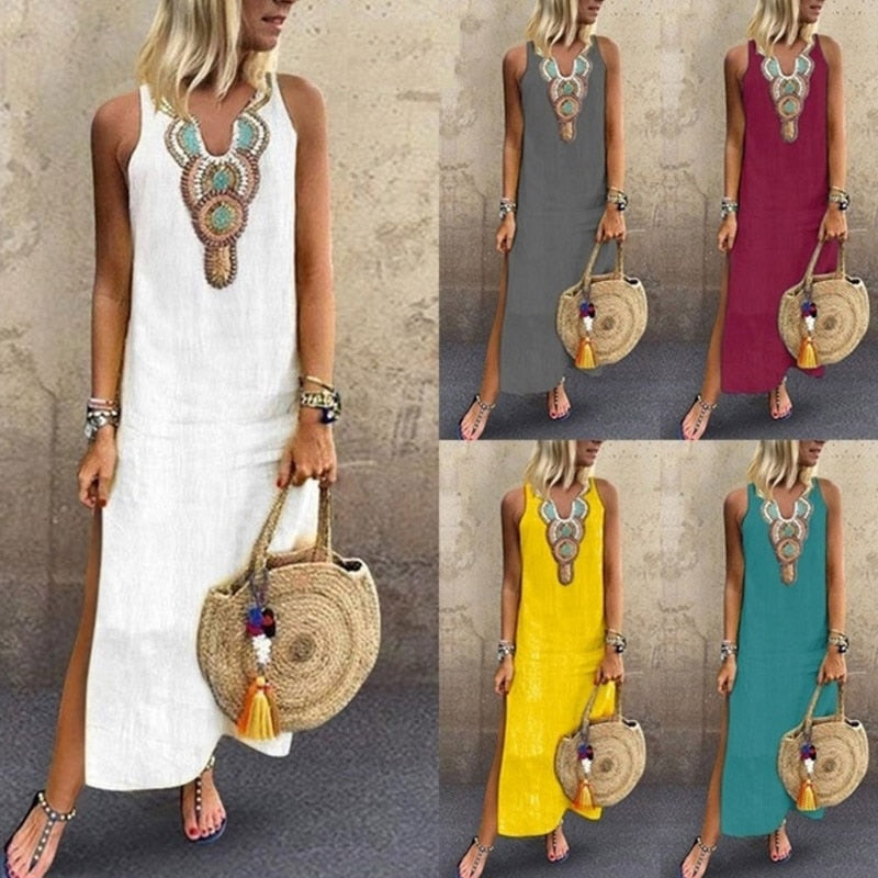 Shonlo | Women Sleeveless Dress V Neck Slit Loose 