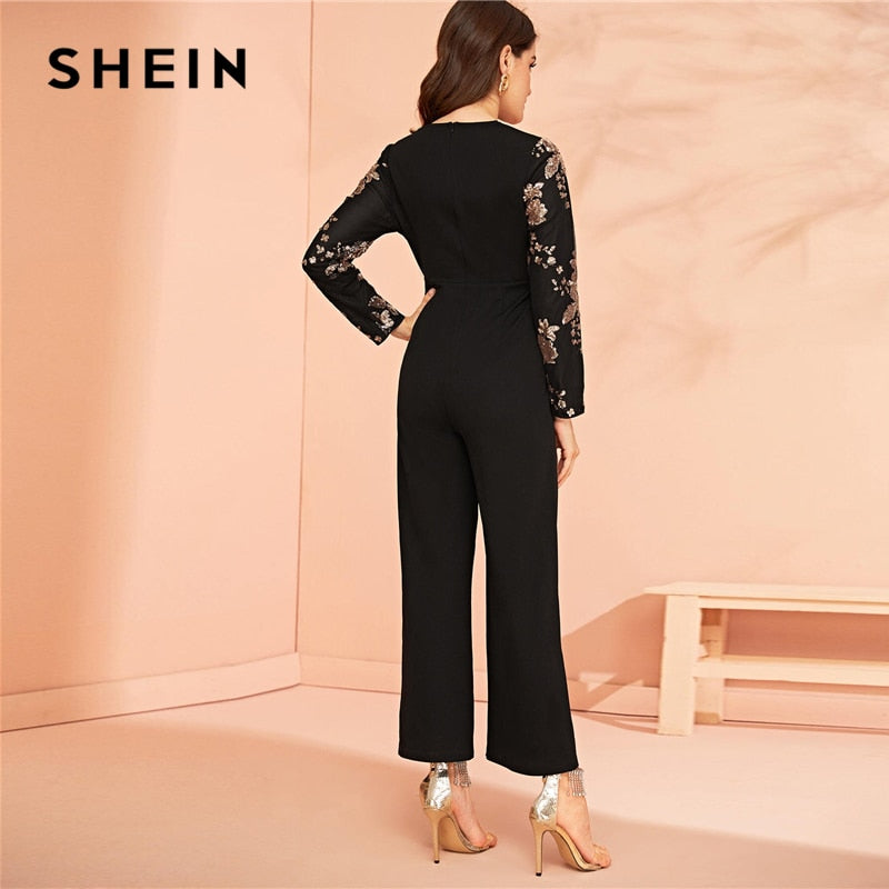 Shonlo | Wrap Sequin Embroidered Wide Leg Jumpsuit 