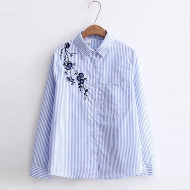 Shonlo | Floral Embroidery Striped Blouse 