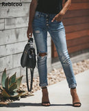 Shonlo | High Waist Ripped Denim Jeans Femme Skinny Pencil Pants 