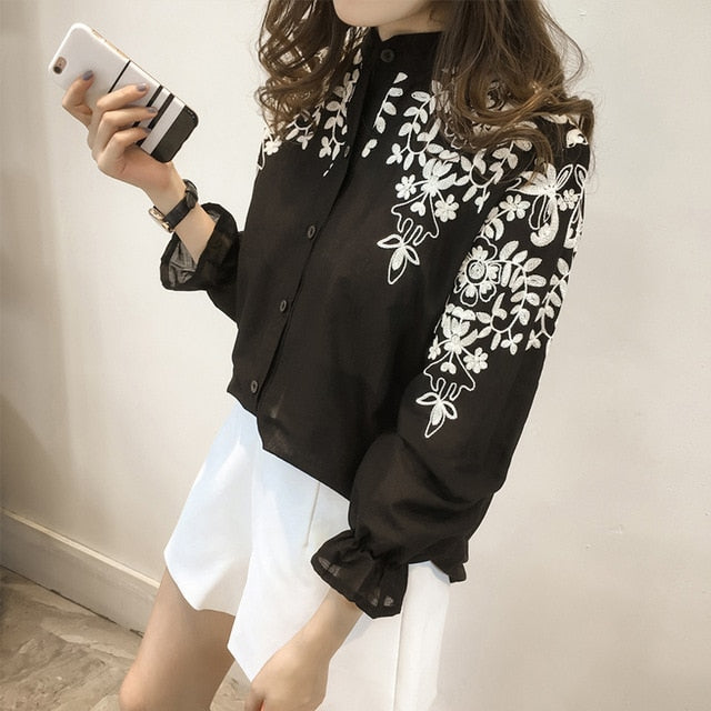 Shonlo | embroidery long Sleeve Casual  Blouse 