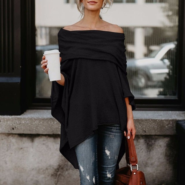 Shonlo | Off Shoulder  Asymmetric Overlap Solid Poncho Pullover 