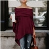 Shonlo | Off Shoulder  Asymmetric Overlap Solid Poncho Pullover 