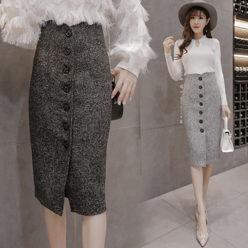 Shonlo | High Waist Woolen Button Pencil Midi Skirts 