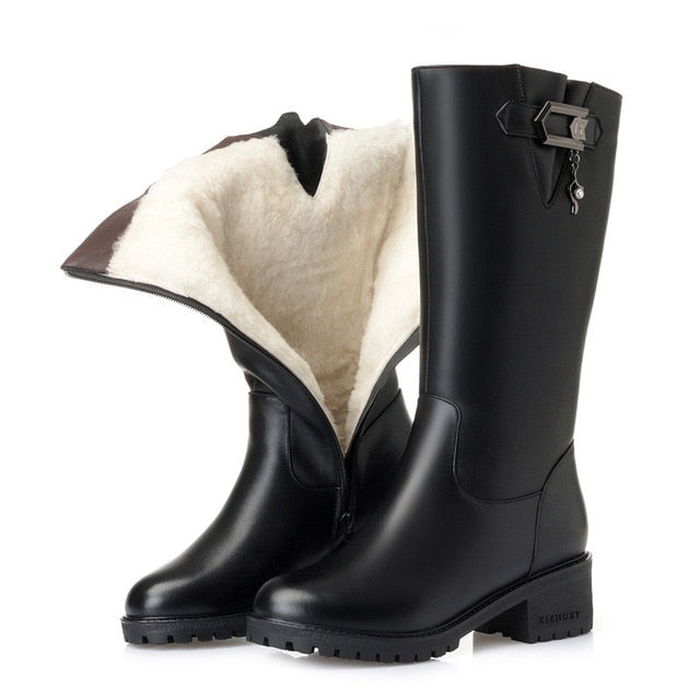 Shonlo | Thick Heel Large Size Genuine Leather Snow Boots 