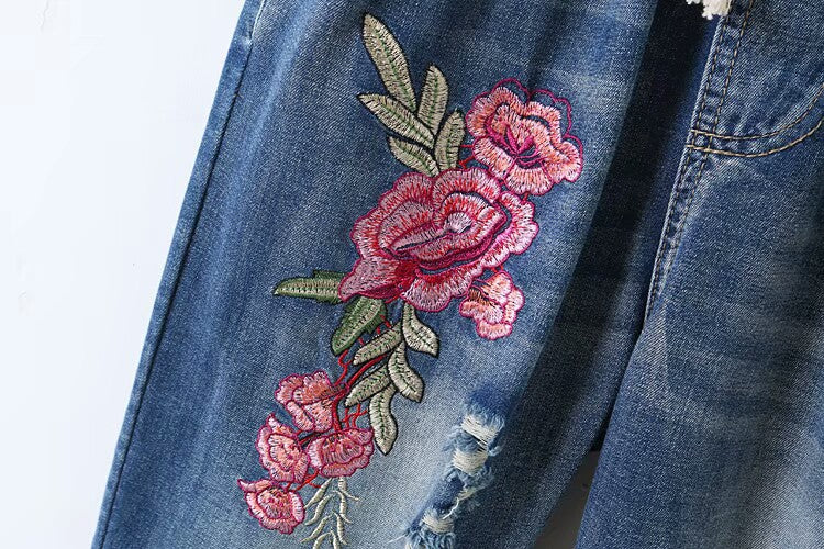 Shonlo | Summer Embroidered Flowers Loose Jeans 