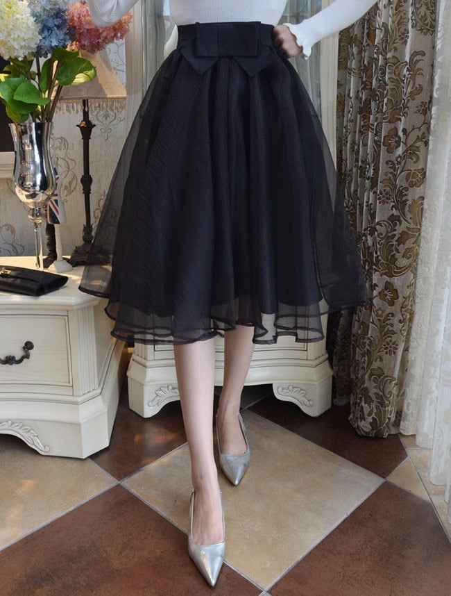 Shonlo | Vintage Black Pink Tulle High Waist Bow Midi Skirts 
