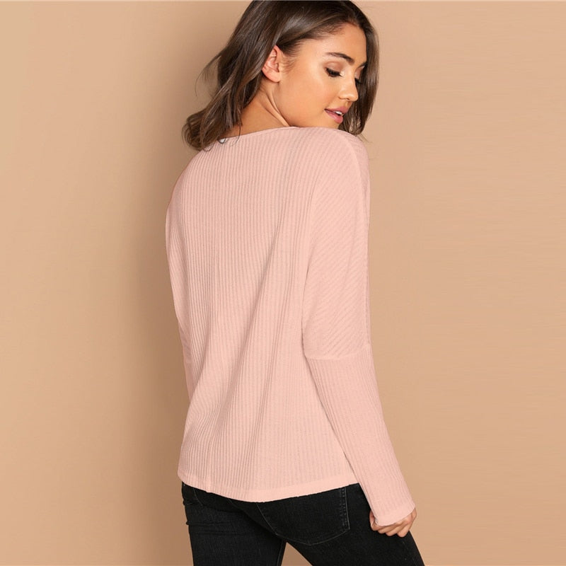 Shonlo | Elegant Vertical Rib-Knit Pink Tee 