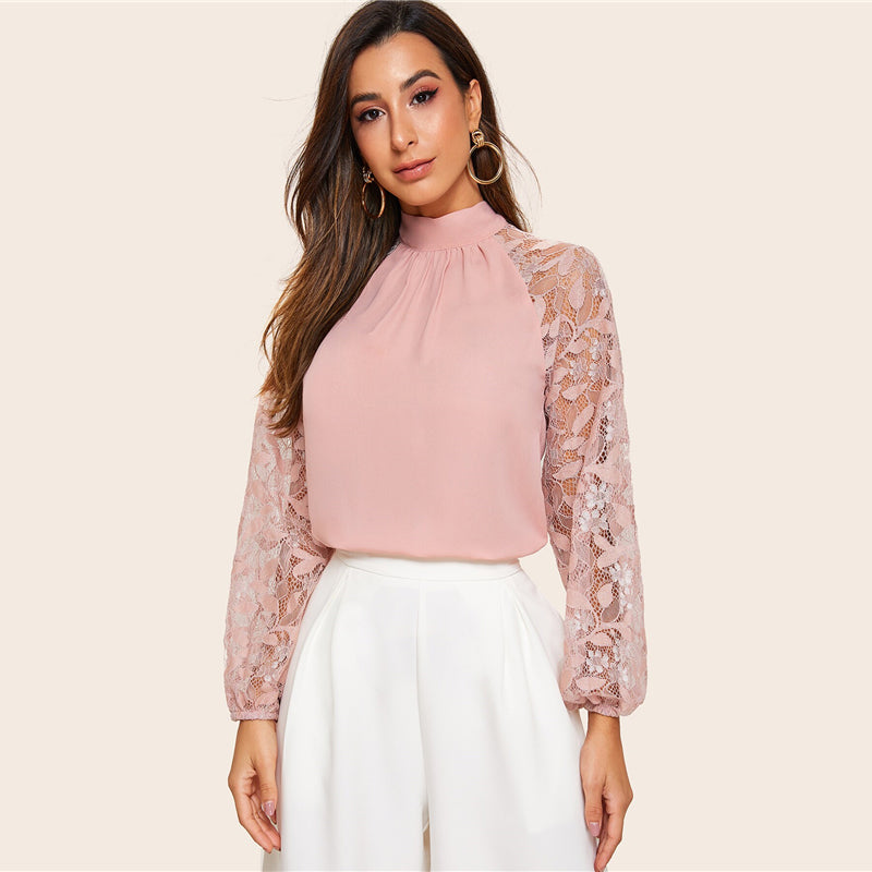 Shonlo | Pink Elegant Contrast Lace Patchwork Sleeve Blouse 