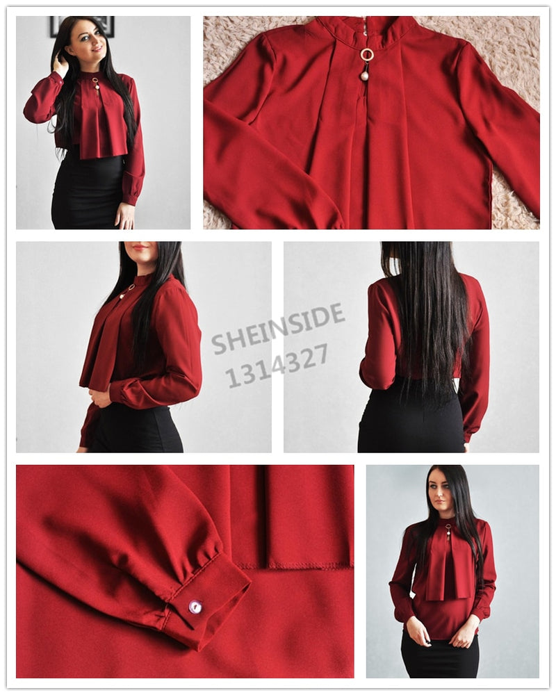 Shonlo | Burgundy Women Stand Collar Blouse 