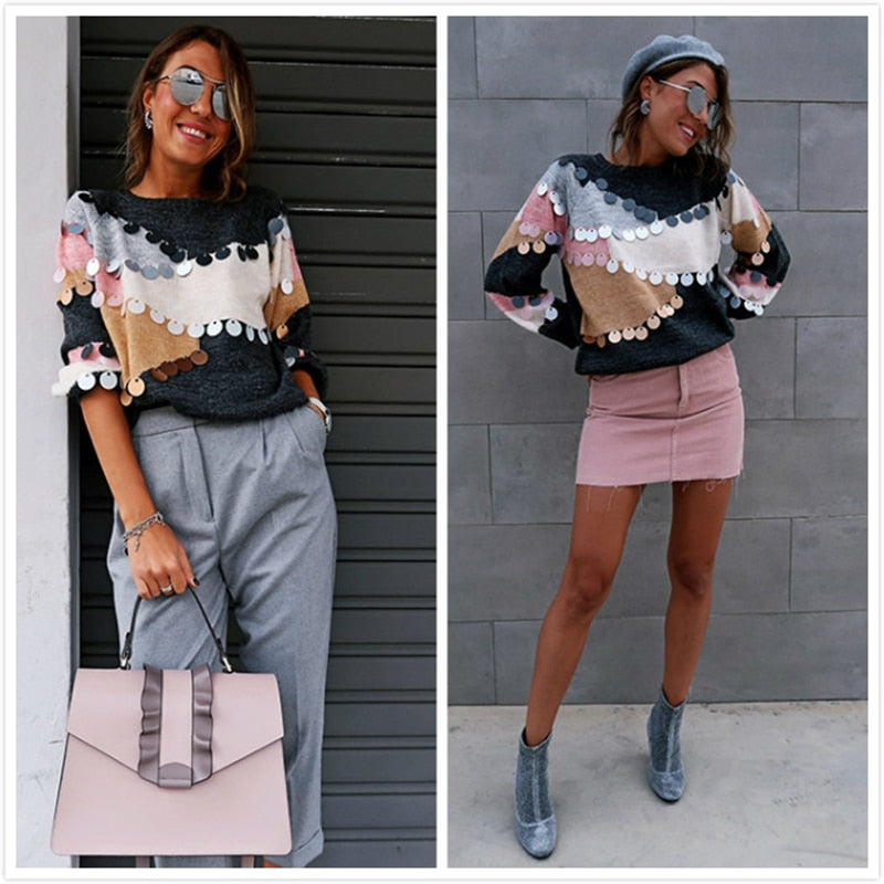 Shonlo | Sequin Decoration Contrast Top Sweater 