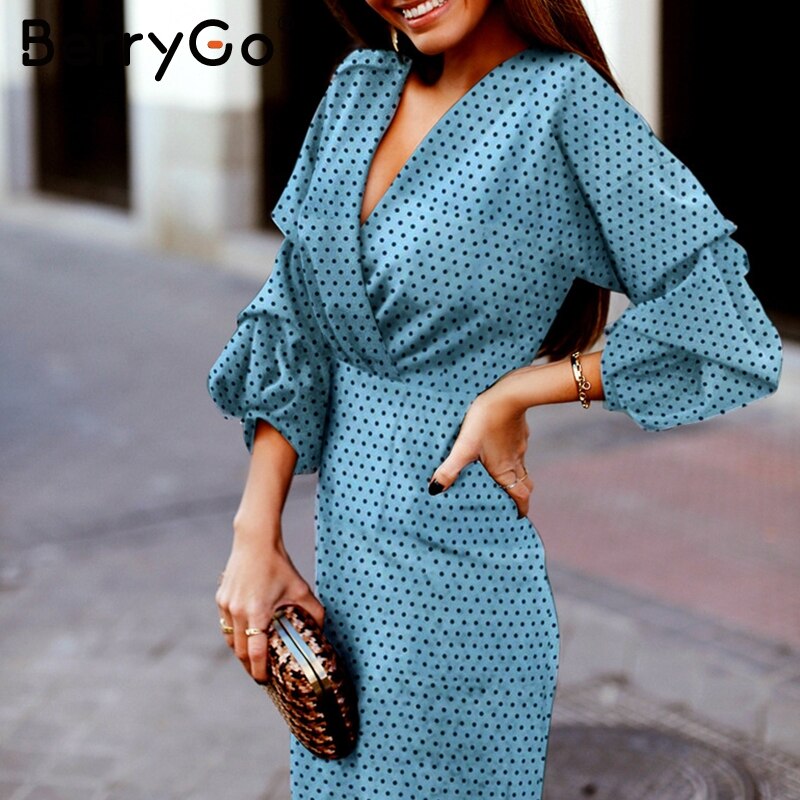 Shonlo | Elegant polka dot dress women Vintage v-neck 