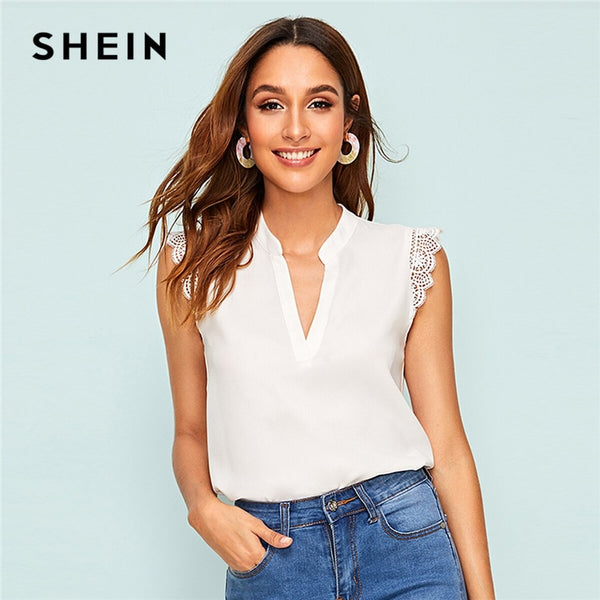 Shonlo | SHEIN V-Placket Lace Trim Shell Top 