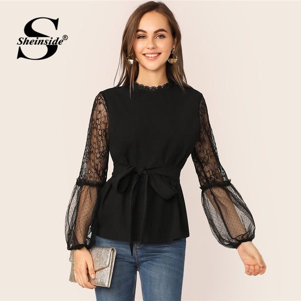 Shonlo | Elegant Contrast Mesh Belted Blouse 