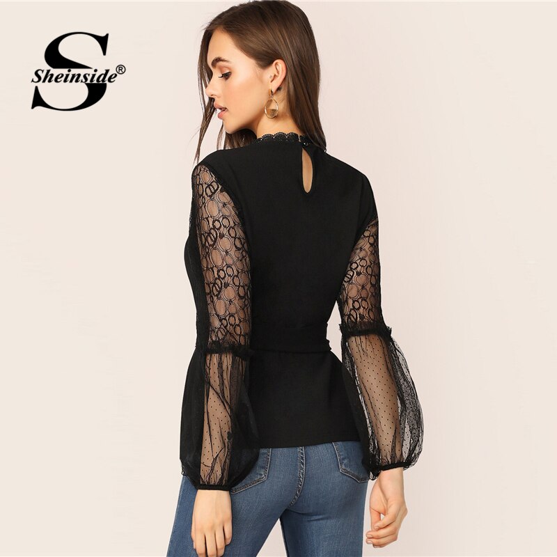 Shonlo | Elegant Contrast Mesh Belted Blouse 