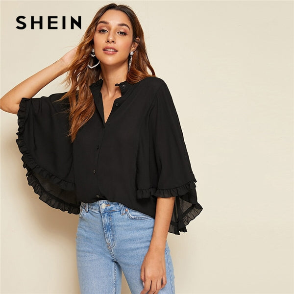 Shonlo | SHEIN Black Frill Neck Button 