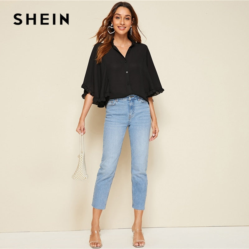 Shonlo | SHEIN Black Frill Neck Button 