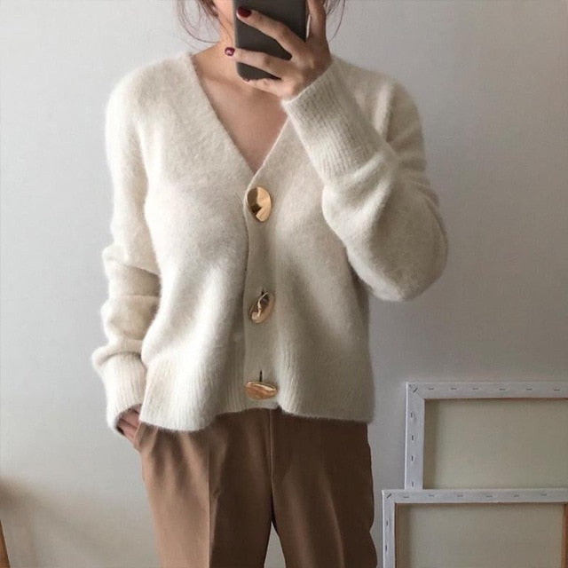 Shonlo | Golden Shiny Button Single Breasted Woolen  Cardigans 