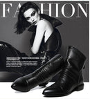 Shonlo | black artificial leather women's boots back zipper folds 