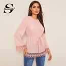 Shonlo | Elegant Pink Guipure Lace Hem Blouse 