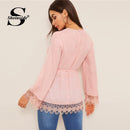 Shonlo | Elegant Pink Guipure Lace Hem Blouse 