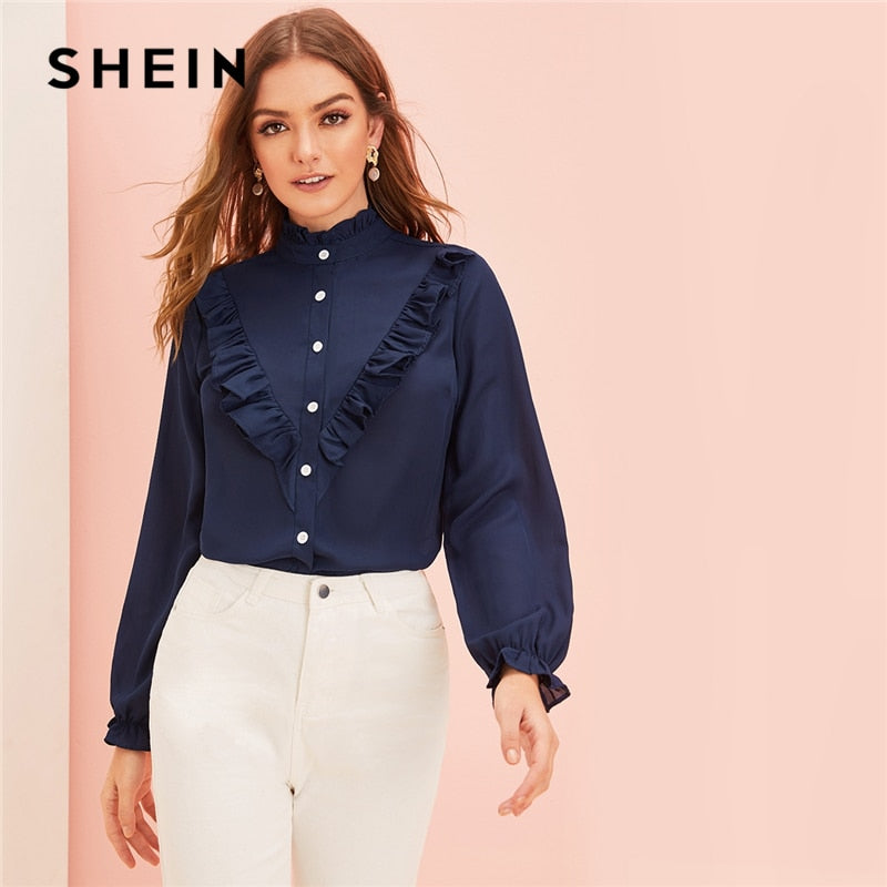 Shonlo | SHEIN Navy Stand Collar Ruffle Office Ladies Blouse 