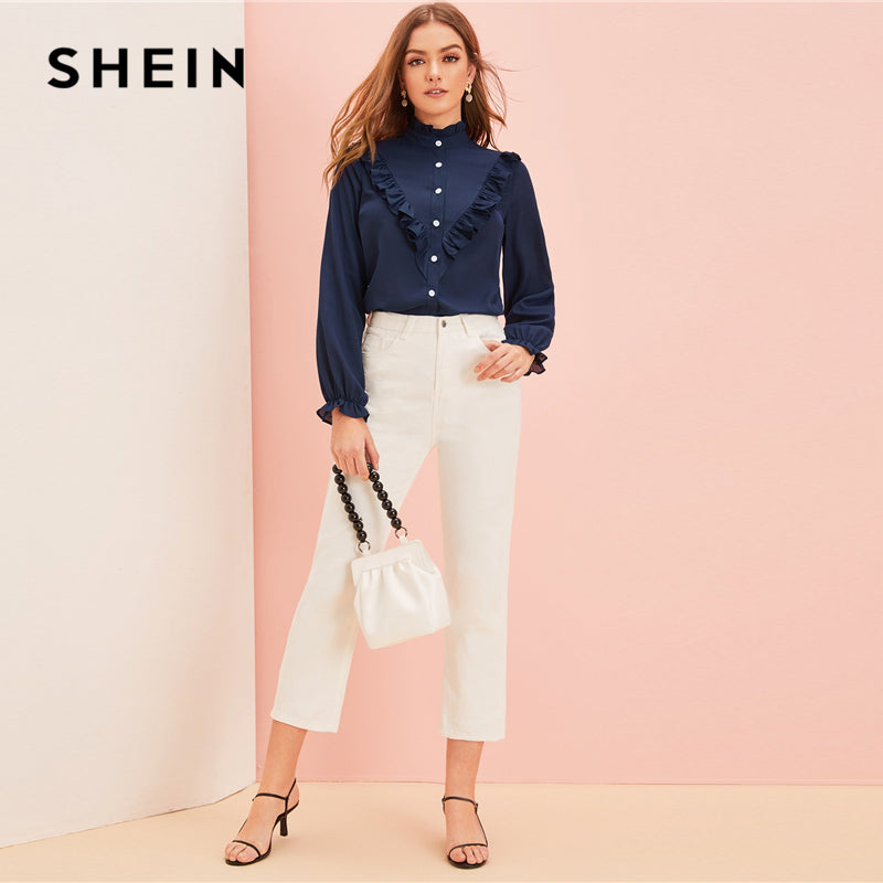 Shonlo | SHEIN Navy Stand Collar Ruffle Office Ladies Blouse 