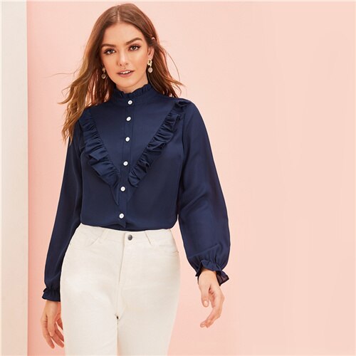 Shonlo | SHEIN Navy Stand Collar Ruffle Office Ladies Blouse 