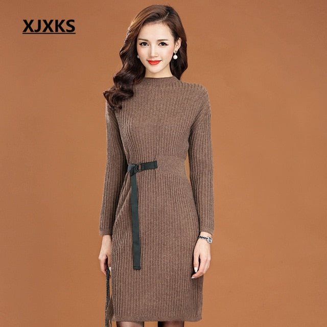 Shonlo | women wool knit dress fashion belt slim 
