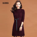 Shonlo | women wool knit dress fashion belt slim 