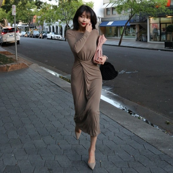 Shonlo | Long coffee  Dresses Skinny Robe Vestido 