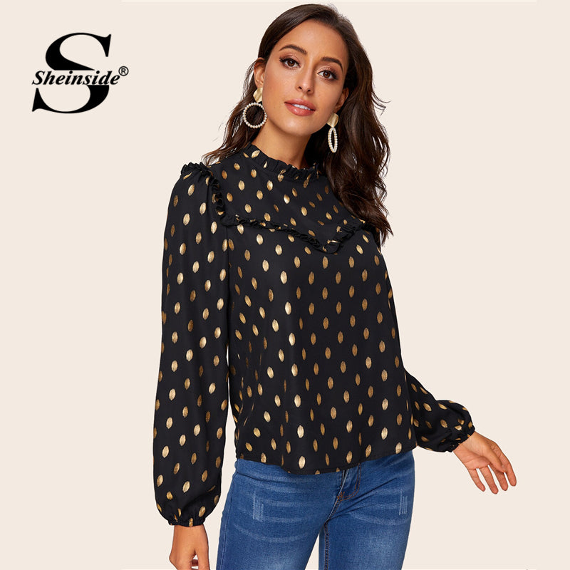 Shonlo | Elegant Stand Collar Gold Dot Print Blouse 