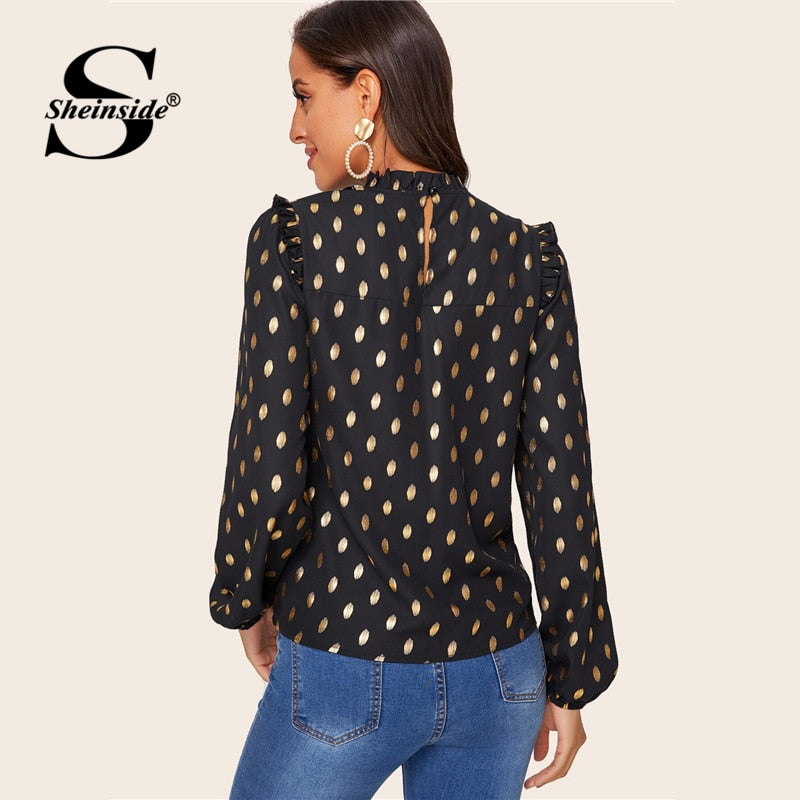 Shonlo | Elegant Stand Collar Gold Dot Print Blouse 