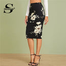 Shonlo | Black Elegant Floral Print Pencil Skirt Women 