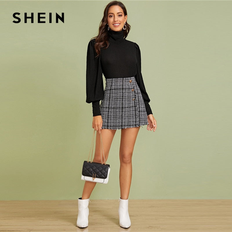 Shonlo | SHEIN Black High Neck Ribbed Knit 