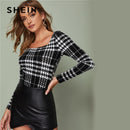 Shonlo | SHEIN Black and White Square Neck Fitted Plaid Top 