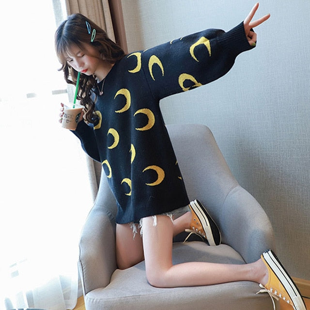 Shonlo | Loose Fashion Knitted Pullover Moon Printed 