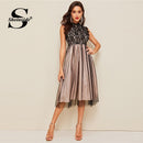 Shonlo | Elegant Stand Collar Guipure Lace Sleeveless Party Dress 