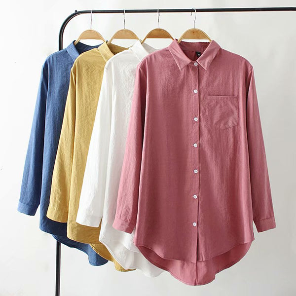 Shonlo | Long Shirt Cotton Solid Pocked Blouses 