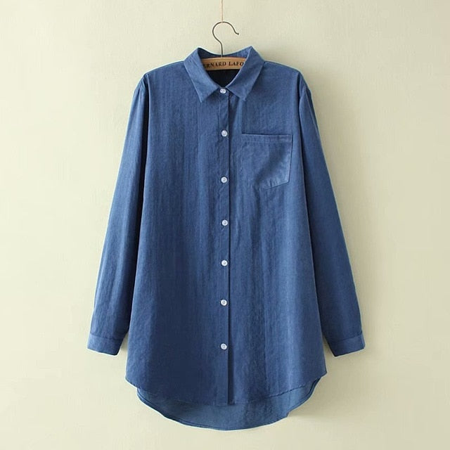 Shonlo | Long Shirt Cotton Solid Pocked Blouses 