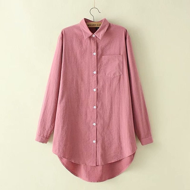 Shonlo | Long Shirt Cotton Solid Pocked Blouses 