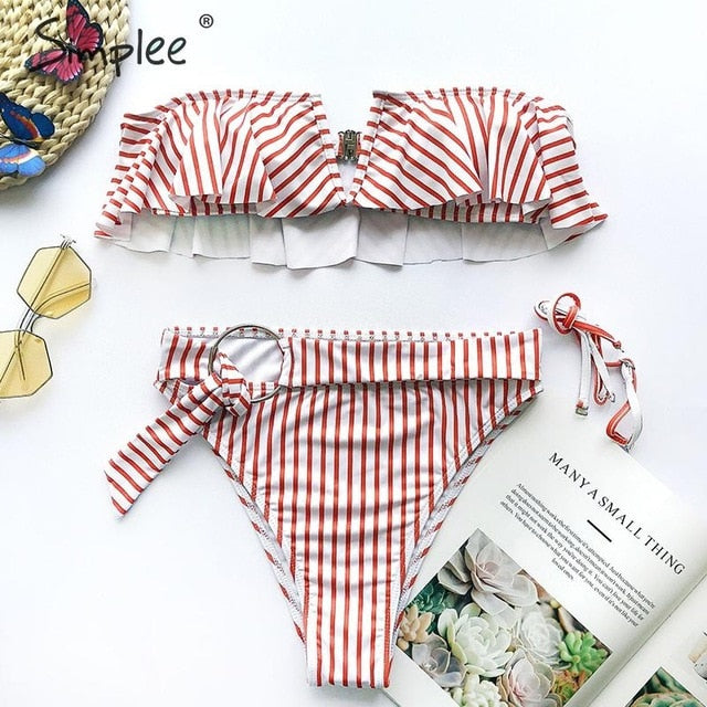 Shonlo | Simplee Sexy striped ruffle bikini sets 