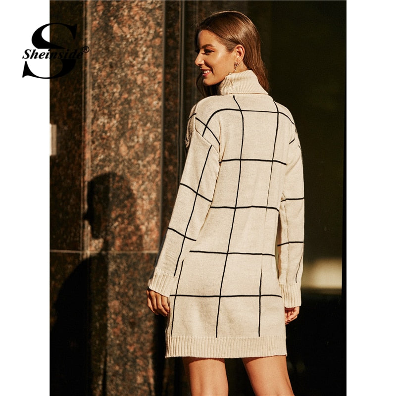 Shonlo | Sheinside Beige Grid High Neck Sweater Dress 